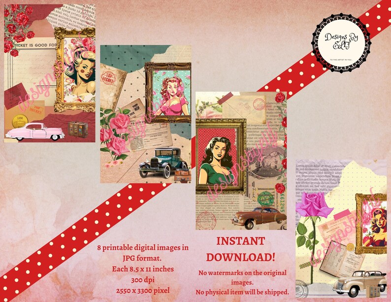 Printable Retro Pin Up Girls Scrapbook Paper Shabby Chic Pages Junk