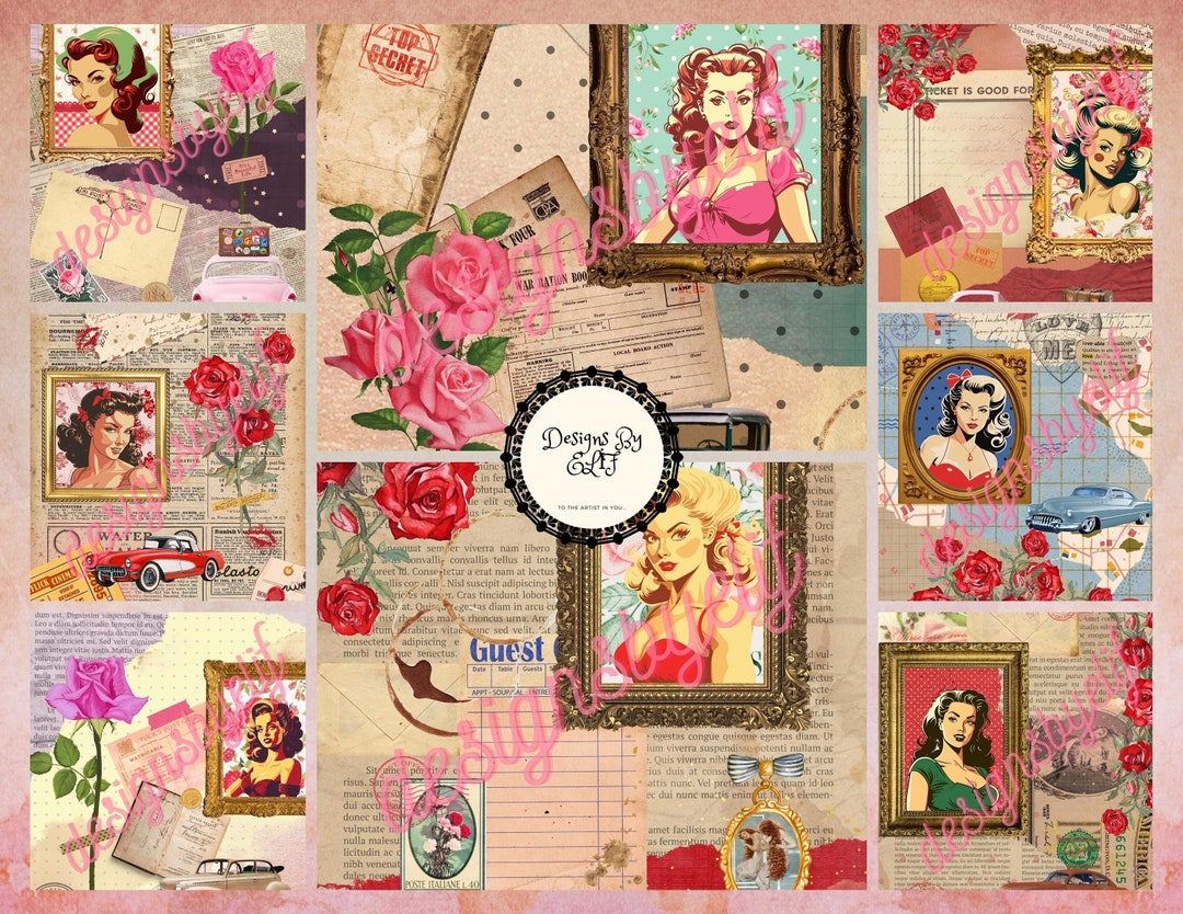 Printable Retro Pin Up Girls Scrapbook Paper Shabby Chic Pages Junk