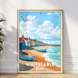 Whitstable Beach Travel Poster, Kent Coastline Wall Art Print, UK Beach Harbour Travel Illustration, Holiday Wall Decor, Perfect Travel Gift