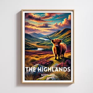 Scottish Highlands Poster with Highland Cow ,Vibrant Scotland Wall Art,Majestic Highland Landscape Print,Nature Lover&#39;s Gift,Scottish Decor