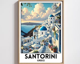 Santorini Greece Travel Poster- Vibrant Wall Art Print-Mediterranean print-Greek Island Aesthetic-Blue Dome Architecture- Santorini Wall Art
