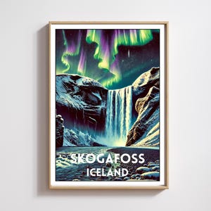 Iceland Skogafoss Waterfall Poster, Iceland Waterfall Print, Skogafoss Decor Wall Art, Waterfall Art Print,Northern Lights Art Travel Poster