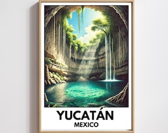 Mexico Cenote Poster, Yucatan Peninsula Print, Mexico Decor Wall Art, Cancun Art Print,  Illustration Print , Mexican Wall Art,Travel Poster