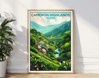 キャメロンハイランドの水彩画、マレーシアの旅行プリント、マレーシア
