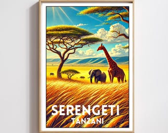 May include: A vintage travel poster featuring a giraffe and an elephant in the Serengeti National Park in Tanzania. The poster has a bright blue sky with white clouds and a yellow grassy field.