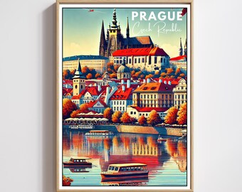 Prague Czech Republic Travel Poster,Prague Cityscape Art Print,Prague Castle Wall Decor,European Travel Souvenir, Modern Travel Home Decor