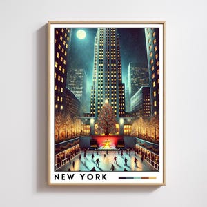 New York Christmas Poster,Rockefeller Tree Center Holiday Art Print,NYC Winter Wonderland Wall Decor,Ice Skating Print,Festive Holiday Gift