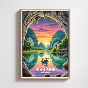 Ninh Binh Travel Poster, Vietnam Tam Coc Art Print, Sunset Wall Decor,Vietnam River Art Illustration, Ninh Binh Vietnam Wall Decor,Gift Idea