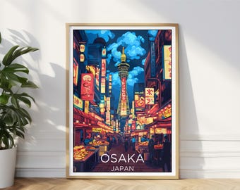 May include: A colorful illustration of a street scene in Osaka, Japan. The image features a tall tower, a bustling street lined with shops and restaurants, and a vibrant sky with clouds. The text "OSAKA JAPAN" is displayed at the bottom of the image.