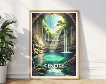 Mexico Cenote Poster, Yucatan Peninsula Print, Mexico Decor Wall Art, Cancun Art Print,  Illustration Print , Mexican Wall Art,Travel Poster