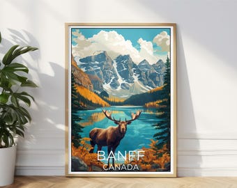 Puede incluir: Un cartel de viaje vintage que muestra una vista panorámica de un lago rodeado de montañas y árboles. Un alce se encuentra en primer plano del lago. El cartel tiene el texto "Banff Canada" en la parte inferior.