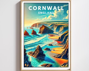 May include: A vintage travel poster featuring a scenic view of Cornwall, England. The poster depicts a rocky coastline with a sandy beach and turquoise water. The text "Cornwall England" is displayed in white letters against a blue sky.