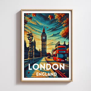 Póster de otoño del Big Ben de Londres, paisaje urbano vibrante con autobús rojo, arte mural icónico de Inglaterra, impresión con vista del puente de Westminster, impresión de viaje del Big Ben
