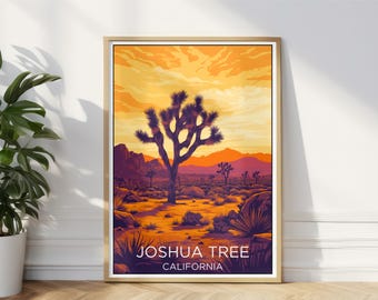 May include: A vintage-style poster with a sunset scene of Joshua Tree National Park in California. The poster features a silhouette of a Joshua Tree in the foreground with mountains in the background. The text "Joshua Tree, California" is at the bottom of the poster.