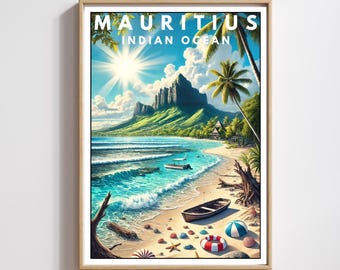 Mauritius Poster,Tropical Island Beach Art Print,Le Morne Brabant Travel Decor,Coastal Wall Art,Vaction Gift, Indian Ocean Scene Print