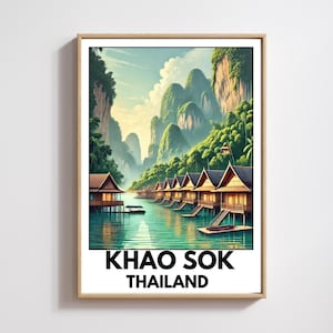 Khao Sok Thailand Graphic Poster, Living room Wall Decor, Thailand Long tail Boat Print, ,Thailand Illustration Art, Backpacker Gift Idea