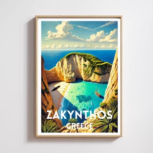 Zakynthos Greece Travel Poster, Navagio Beach Wall Art Print,Greek Island Decor,Shipwreck Cove Poster,Coastal Landscape, HolidayTravel Gift