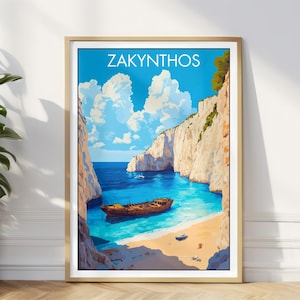 Zante Travel Poster, Greek Island Wall Art, Vacation Gift, Shipwreck Poster ,Home&Office Decor, Beach Print,Travel Illustration Gift