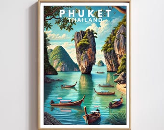 Póster de viaje de Phuket, impresión artística de la isla Bond de Tailandia, decoración de playa tropical, ilustración de la bahía de Phang Nga, arte de decoración de pared de Phuket, idea de regalo de Tailandia