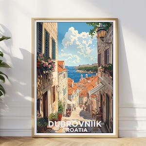 Impresión de viaje a Dubrovnik, arte mural de Croacia, decoración de pared con monumentos del casco antiguo, idea de regalo de Europa, decoración del hogar y la oficina, póster de regalo ilustrado