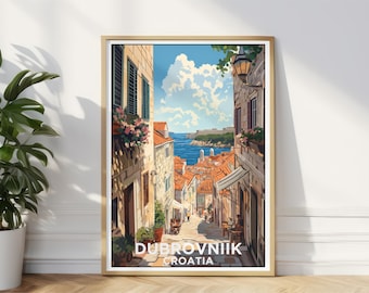 Impresión de viaje a Dubrovnik, arte mural de Croacia, decoración de pared con monumentos del casco antiguo, idea de regalo de Europa, decoración del hogar y la oficina, póster de regalo ilustrado