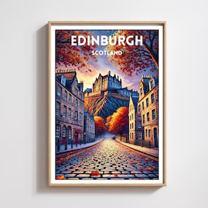 Edinburgh Castle Herbst Poster, lebendige Schottland Wandkunst, Kopfsteinstraße Ansicht Druck, historische Edinburgh Herbst Dekor, Schottland Liebhaber Kunst Geschenk
