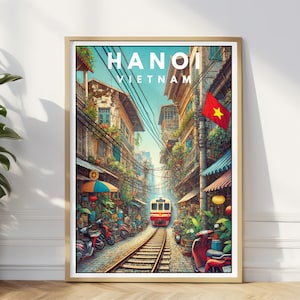 Hanoi Travel Poster,Vietnam Train Street Art Print,Hanoi Wall Decor,Hanoi Railway Street Art Illustration,Hanoi Vietnam Wall Decor,Gift Idea