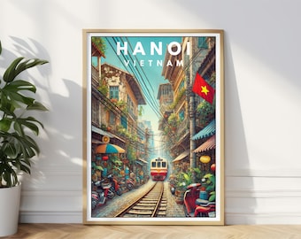 Hanoi Travel Poster,Vietnam Train Street Art Print,Hanoi Wall Decor,Hanoi Railway Street Art Illustration,Hanoi Vietnam Wall Decor,Gift Idea