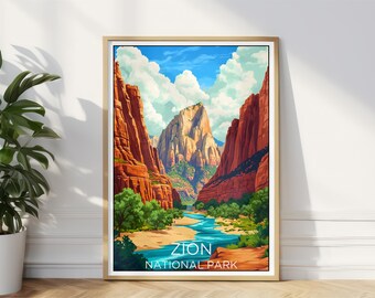 May include: A framed art print of Zion National Park. The artwork depicts a vibrant landscape with towering red rock formations, a turquoise river, and a bright blue sky with fluffy white clouds. The words "ZION NATIONAL PARK" are printed at the bottom.