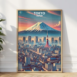 Pode incluir: Um pôster de estilo vintage que apresenta uma cidade de Tóquio, Japão, com o Monte Fuji ao fundo. O pôster tem uma moldura dourada e o texto "TÓQUIO JAPÃO" na parte superior.