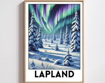 May include: A vintage travel poster featuring a snowy forest scene with a vibrant green and purple aurora borealis in the night sky. The text "LAPLAND" is printed in black at the bottom of the poster.