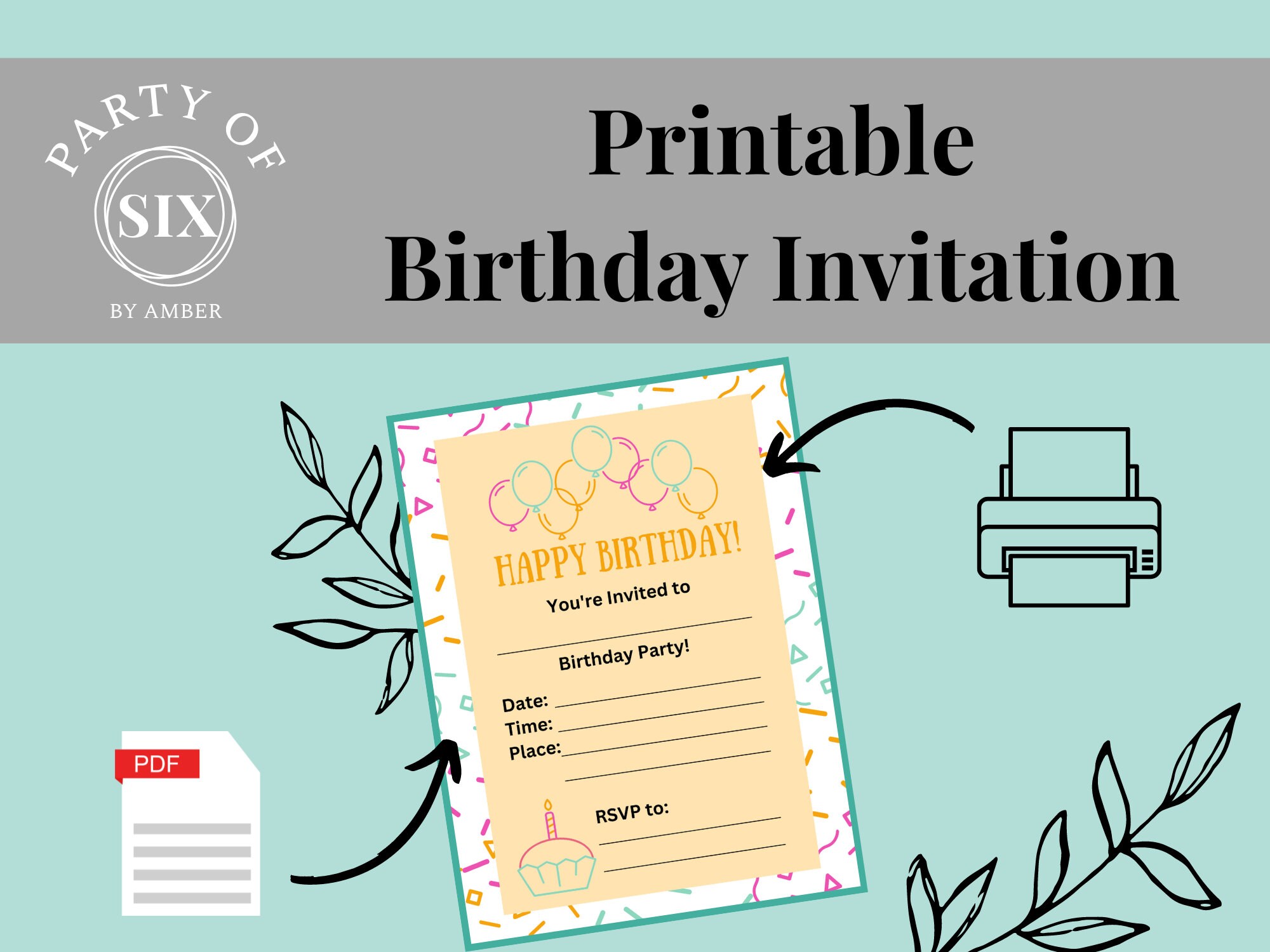 Printable Blank 5x7 Birthday Invitation, Balloons &amp; Confetti, PDF ...