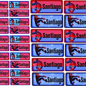 May include: Sheet of rectangular labels featuring the superhero Spider-Man. Each label has a red or blue background with the name "Santiago" and a Spider-Man graphic. The labels are designed for personal use.