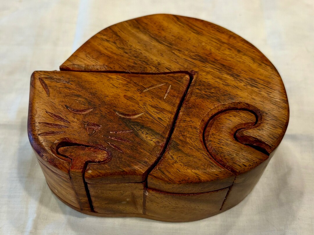 Sleeping Cat Puzzle Box With Secret Hidden Trinket Etsy