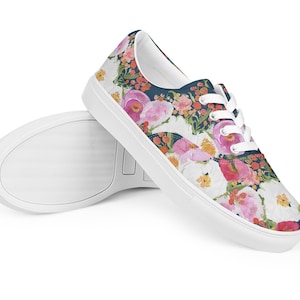 Pink & White Peonies Lace- Up Floral Sneakers, Women’s lace-up canvas shoes