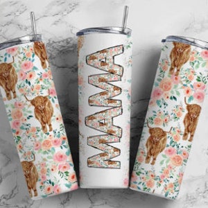 Mama Floral Highland Cow 20 oz Skinny Tumbler