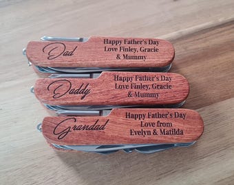 Personalised Wooden Multitool with Any Name Daddy, Dad Grandad Fathers Day Gift DIY Essentials Birthday Gift 11 Features Engraved Multi Tool