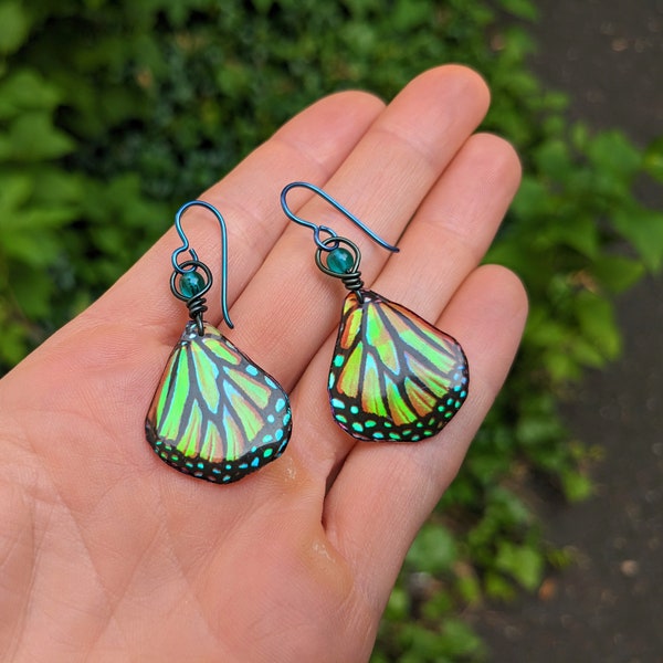 Orange Monarch Butterfly Wing Earrings with Hypoallergenic Niobium Ear Hooks/Butterfly Wing Dangle Earrings, Iridescent Fairy Wings