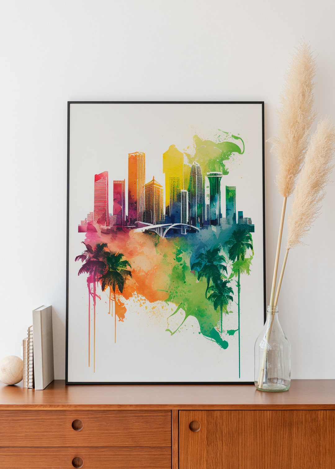 Miami Skyline Wall Art Miami Cityscape Watercolor Skyline Miami Wall
