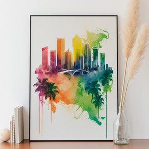Miami Skyline Wall Art Miami Cityscape Watercolor Skyline Miami Wall Decor Watercolor American Cityscape Miami Watercolor Wall Decor Miami