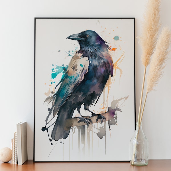 Crow Watercolor Wall Art Crow Wall Decor Watercolor Painting Bird Watercolor Wall Decor AirBNB Watercolor Crow Digital Download Bird Art