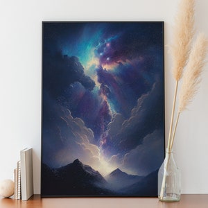 Printable Milky Way Night Sky Landscape Painting | Mountains & Clouds | Deep Blue&#39;s | Oil Painting | Vintage Wall Art | Digital Download