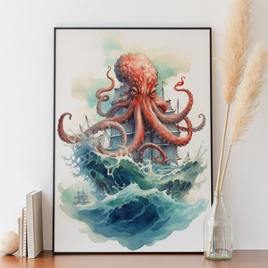 Kraken Wall Art Watercolor Kraken Wall Decor Pirate Wall Art Childrens Room Kraken Room Decor Kids Printable Wall Art Kraken Watercolor Art