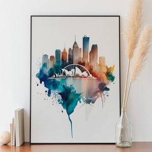 Sydney Skyline pared arte acuarela Skyline Sydney Cityscape Australia pared decoración Sydney AirBNB pared arte imprimible paisaje urbano Sydney Home regalo