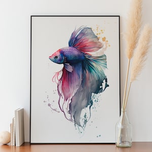 Halfmoon Betta Fish Print From Watercolor Painting, Pink and Ocean Blue  Wall Art, 36 X 24, Large Original Aquarium Home Decor 