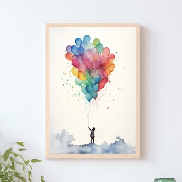 Kind mit Ballons Aquarell, Kunstdruck, Streetart, DIN A4, A3, Einrichtung, Banksy, Luftballons, Wanddeko, Freiheit, Lebendige, Pride, bunt