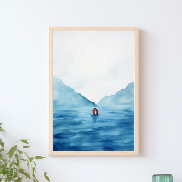 Kunstdruck mit roter Hütte, Herbstlandschaft Aquarell, DIN A4, A3, Landschaft mit Bergen, Einrichtung, blaue Farbe, Winterstimmung