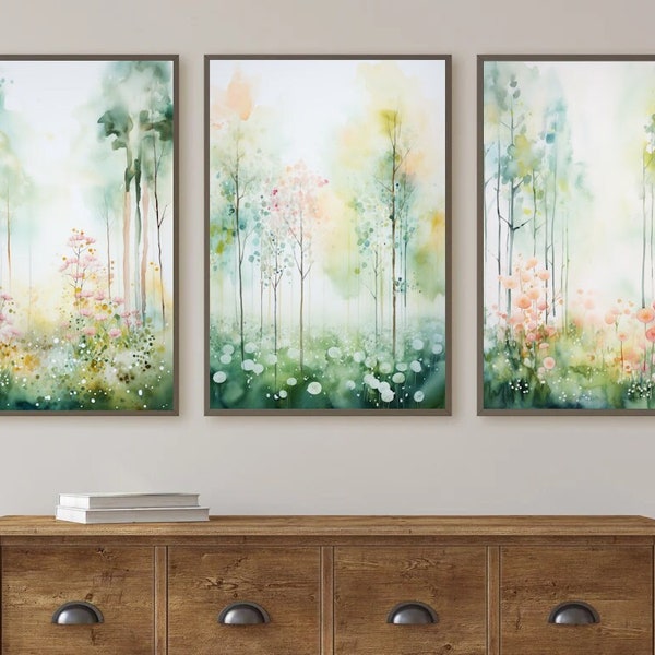 3er Set Wälder Aquarell, Natur Kunstdruck, grüner bunter Stil, moderne Einrichtung, Frühling und Sommer, Pflanzen Bäume und Blumen, dezent