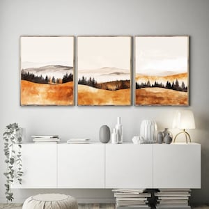Set di 3 acquerelli di paesaggi forestali, stampa artistica naturale, stile colorato autunnale, interni moderni, autunno, fine estate, piante, alberi, montagne