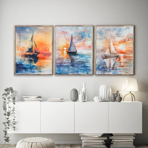 3er Set Segelboot Aquarell im Sonnenuntergang, Natur Kunstdruck, blauer gelber Stil, moderne Einrichtung, Landschaft, Meer, auf hoher See